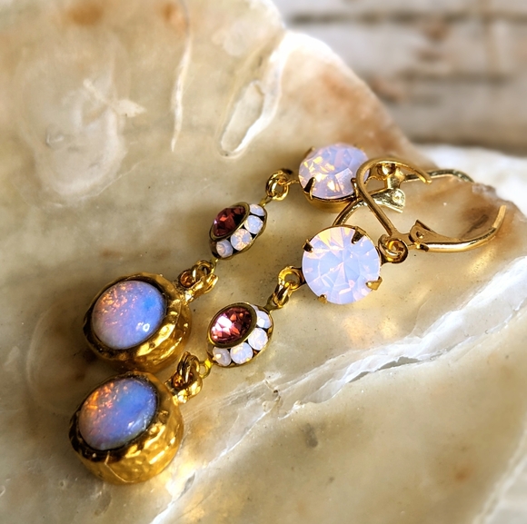 Pink Mystic Fire Opal & Swarovski Rose Opal W/ Crystal Flower Dangle Earrings - Picture 7 of 7
